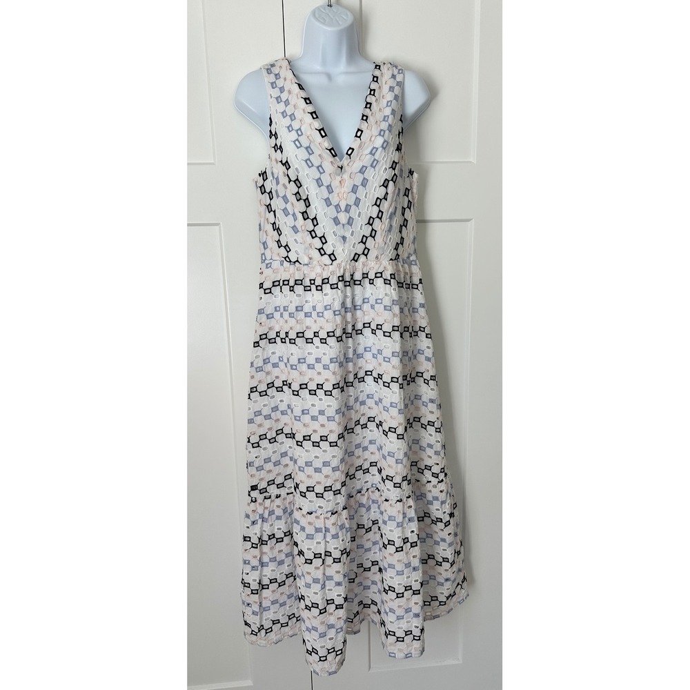 Maggy London White Eyelet Tiered Midi Dress V-Neck Geometric Chain Link Size 8